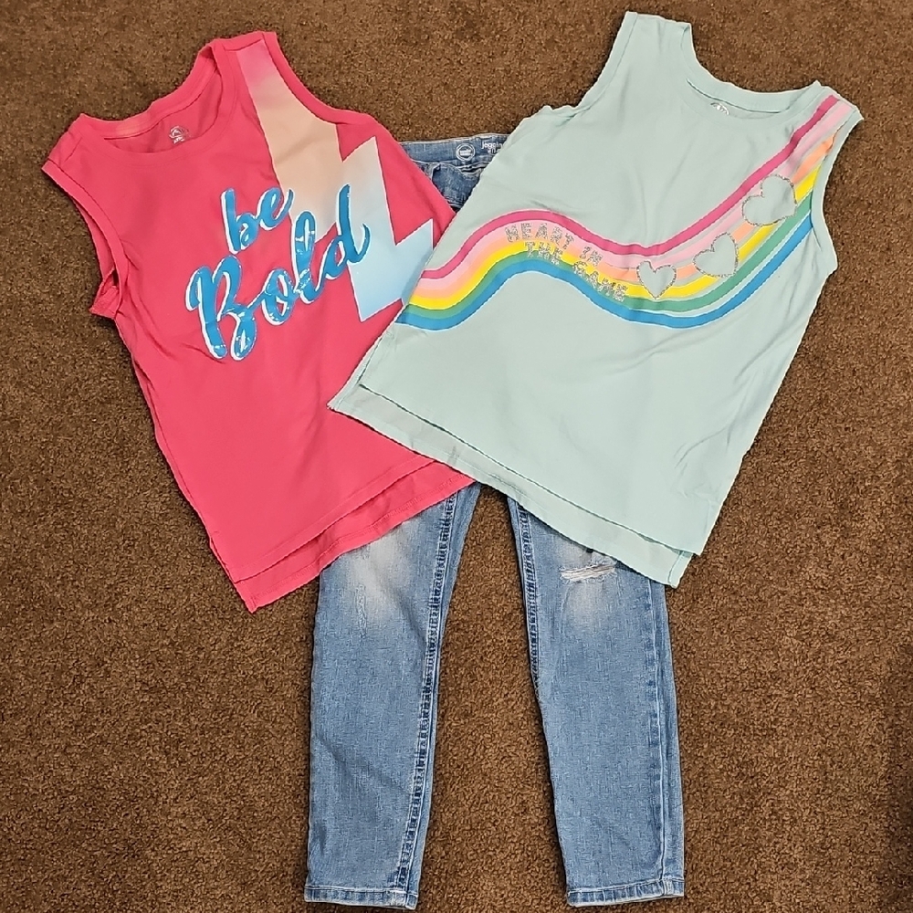 Kids' Pink, Blue Graphic Tank Tops, and Jean Leggings